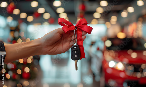 A hand holds a car key with a red bow tied around it in a dealership photo