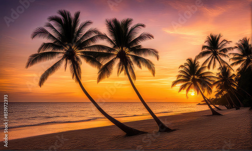 silhouette of palm trees against a summer sunset background