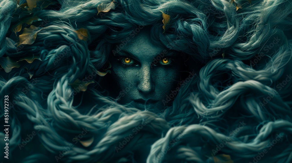A tight shot of an individual with lengthy tresses and yellow eyes against a dim backdrop, adorned with fallen leaves A tight shot of an individual with lengthy tresses and yellow eyes against a dim backdrop, adorned with fallen leaves