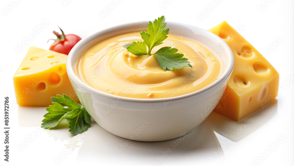 Cheese sauce in a bowl, garnished with herbs.
Cheese sauce in a bowl, garnished with herbs.