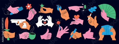 Set of colorful hands holding various stuff on dark background. Different operations and gestures. Hand drawn vector. All elements isolated.	