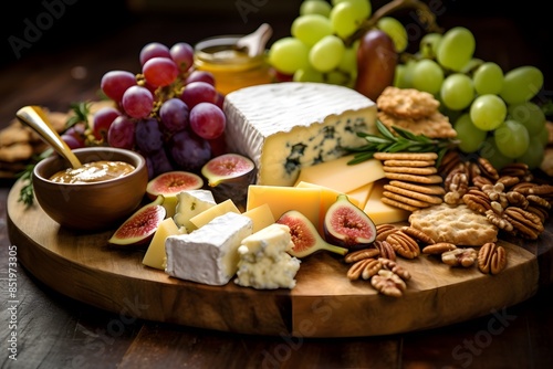 Elegant cheese platter with assorted fruits, nuts, and crackers.