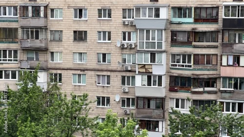 Soviet 1960s 1-KG-480 Concrete Prefab Apartments: Left-Right Panning Shot on an Overcast Summer Day in Kyiv