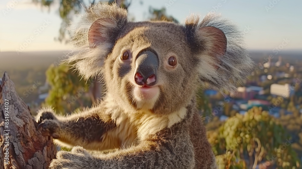 A koala up-close on a tree against a city backdrop and a hazy sky behind A koala up-close on a tree against a city backdrop and a hazy sky behind