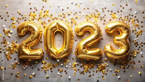 golden foil balloon 2023 New Year. Numbers two thousand twenty three from a foil figure on a gray cement background. Golden confetti and celebration. photo