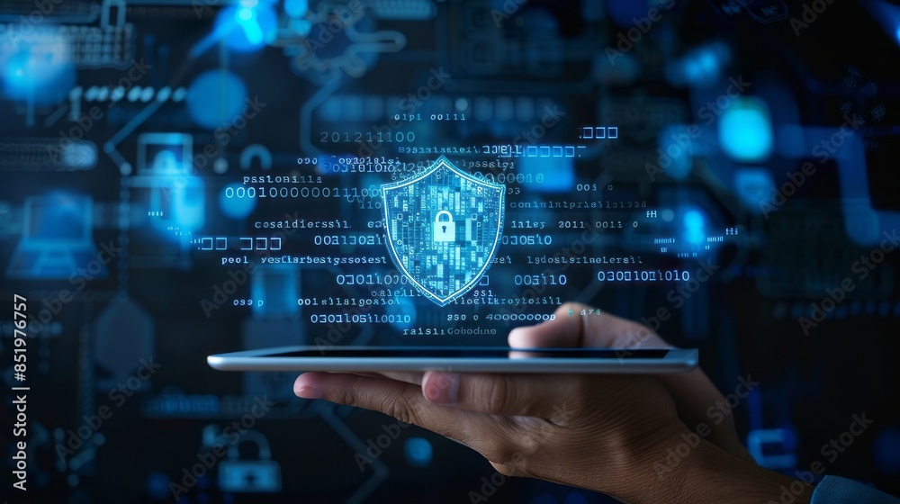 A hand holding an phone with a blue digital shield icon floating above it A hand holding an phone with a blue digital shield icon floating above it