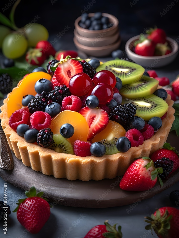 Vibrant Mixed Fruit Tart with Kiwi, Berries, and Peach Glaze. Vibrant Mixed Fruit Tart with Kiwi, Berries, and Peach Glaze.