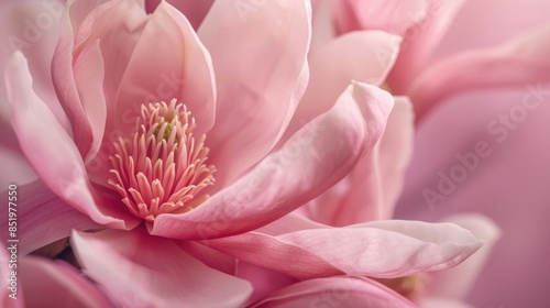 A detailed look at a blossoming pink magnolia flower A stunning display of spring blossoms on magnolia tulip trees in pink photo