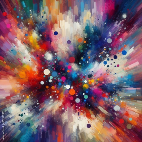 Dynamic abstract artwork bursting with vibrant colors and scattered geometric shapes, creating a sense of energetic motion and creativity. Perfect for modern decor and digital projects.. AI Generation