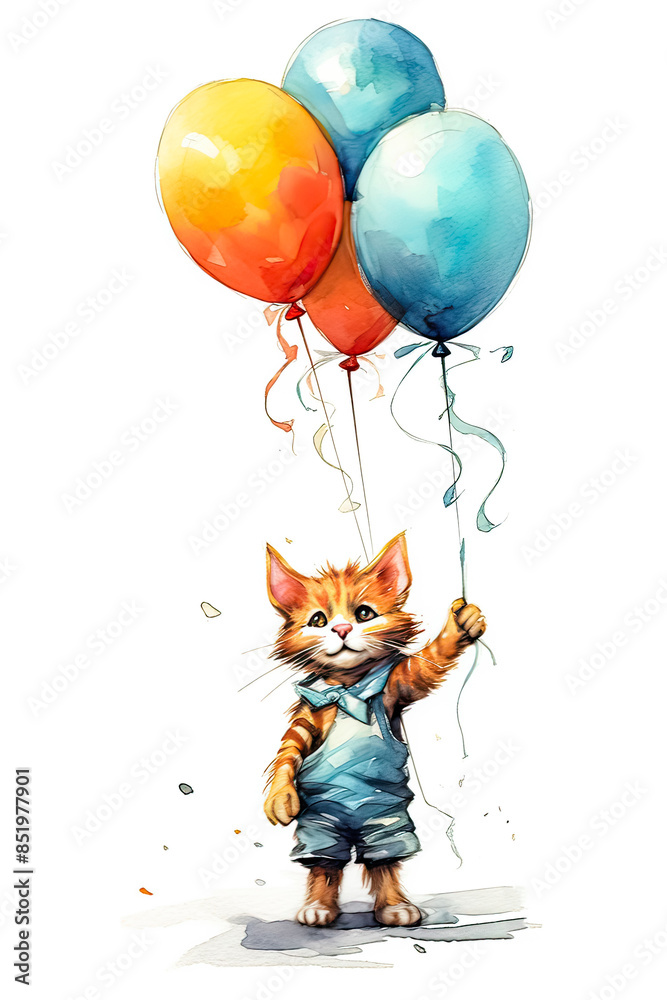 Fototapeta premium A cat is holding a bunch of balloons in its mouth
