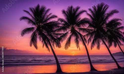 silhouette of palm trees against a summer sunset background