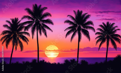 silhouette of palm trees against a summer sunset background