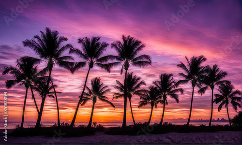 silhouette of palm trees against a summer sunset background