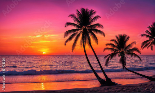 silhouette of palm trees against a summer sunset background