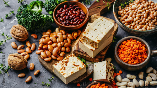 Assorted beans, nuts, and tofu on a table photo