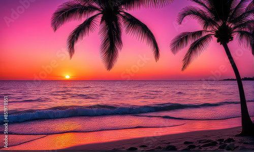 silhouette of palm trees against a summer sunset background