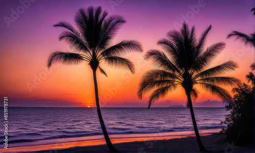 silhouette of palm trees against a summer sunset background