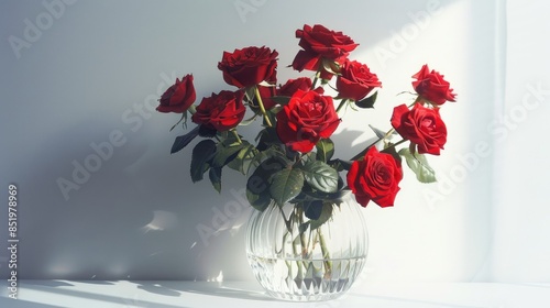 A bunch of vibrant red roses arranged in a transparent glass vase set against a crisp white backdrop