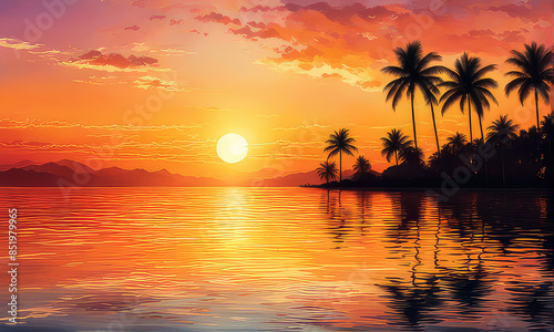 silhouette of palm trees against a summer sunset background