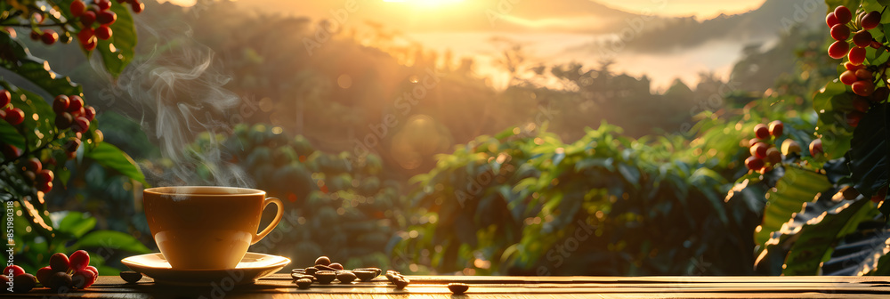 A steaming cup of coffee on a saucer with coffee beans, surrounded by lush green coffee plants and mountains at sunrise A steaming cup of coffee on a saucer with coffee beans, surrounded by lush green coffee plants and mountains at sunrise