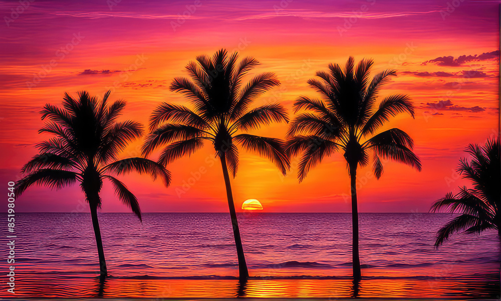 silhouette of palm trees against a summer sunset background silhouette of palm trees against a summer sunset background