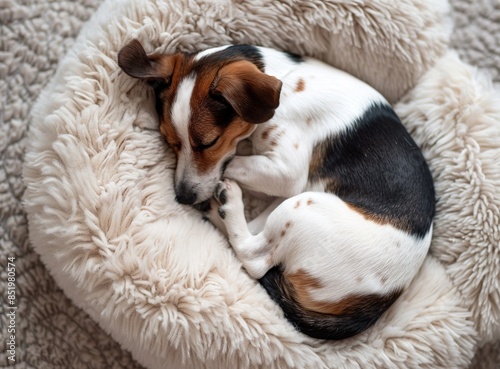 Jack Russell Terrier sleeping on a soft pillow in the living room © Obsidian