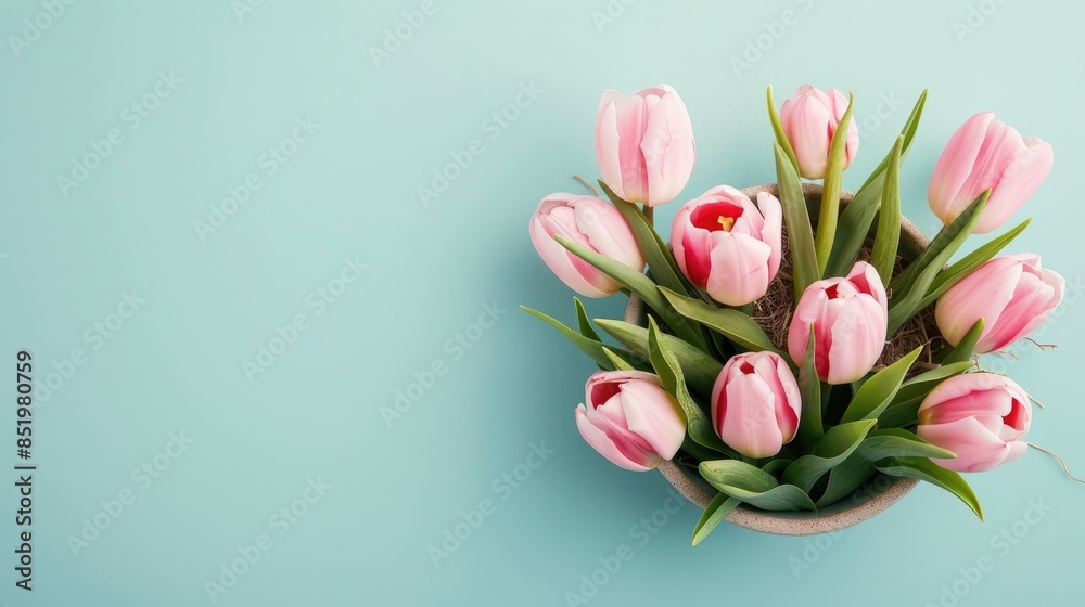 Top view of a beautiful Easter display with pink tulips in oval opening on light blue backdrop Top view of a beautiful Easter display with pink tulips in oval opening on light blue backdrop
