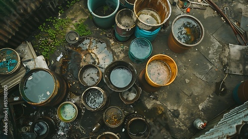 set of pots accumulating rainwater photo