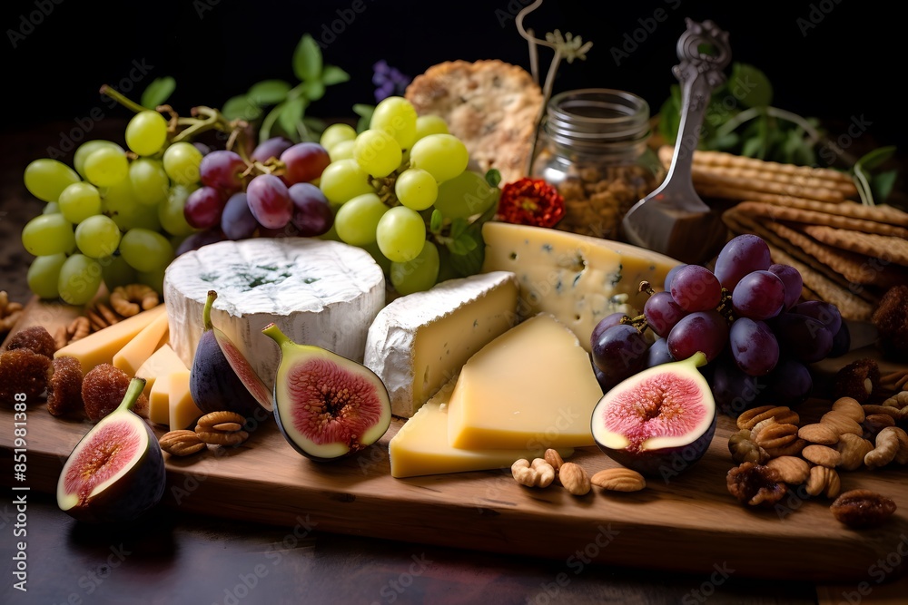 Elegant cheese platter with assorted fruits, nuts, and crackers. Elegant cheese platter with assorted fruits, nuts, and crackers.