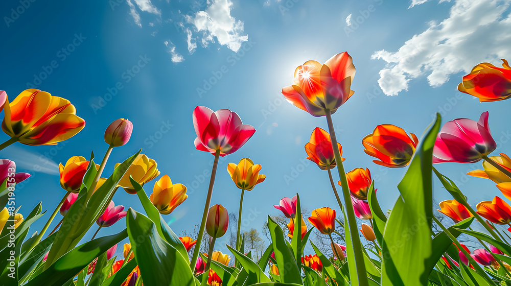 Vibrant tulips reaching towards a sunny sky, captured from a low angle to emphasize their bright colors against a clear blue backdrop. Vibrant tulips reaching towards a sunny sky, captured from a low angle to emphasize their bright colors against a clear blue backdrop.