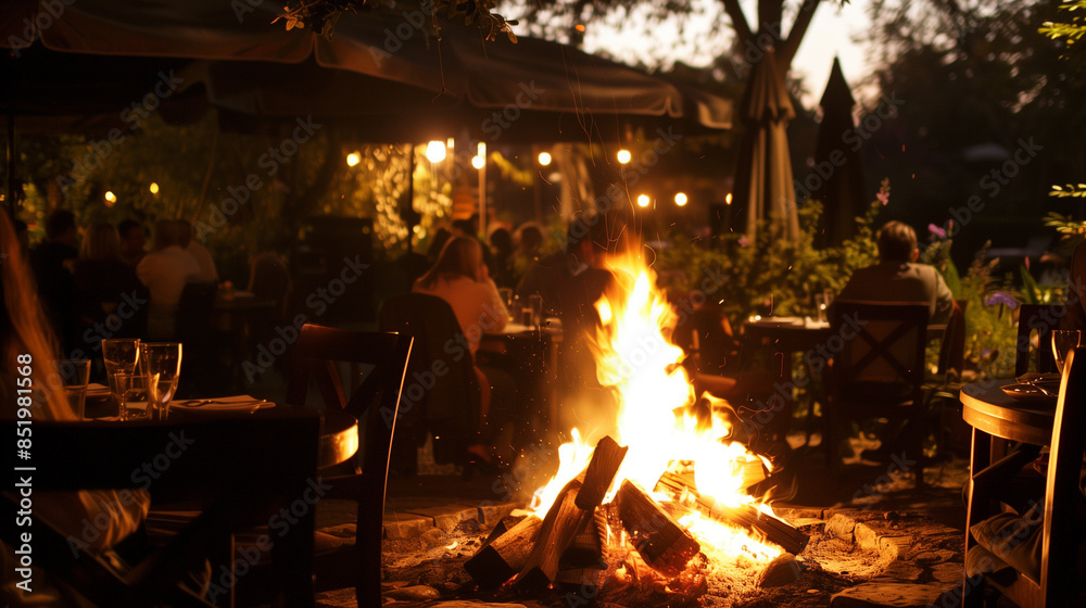 People having a cozy dinner in a restaurant garden, sitting at tables, with a bonfire burning in the foreground People having a cozy dinner in a restaurant garden, sitting at tables, with a bonfire burning in the foreground