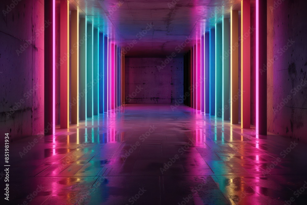 A long, brightly lit hallway with neon lights A long, brightly lit hallway with neon lights