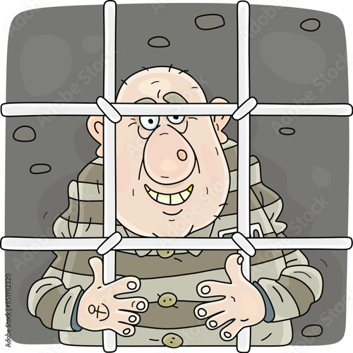Sad prisoner in a striped uniform sitting with a sour face behind bars in a prison after trial and sentencing, vector cartoon illustration