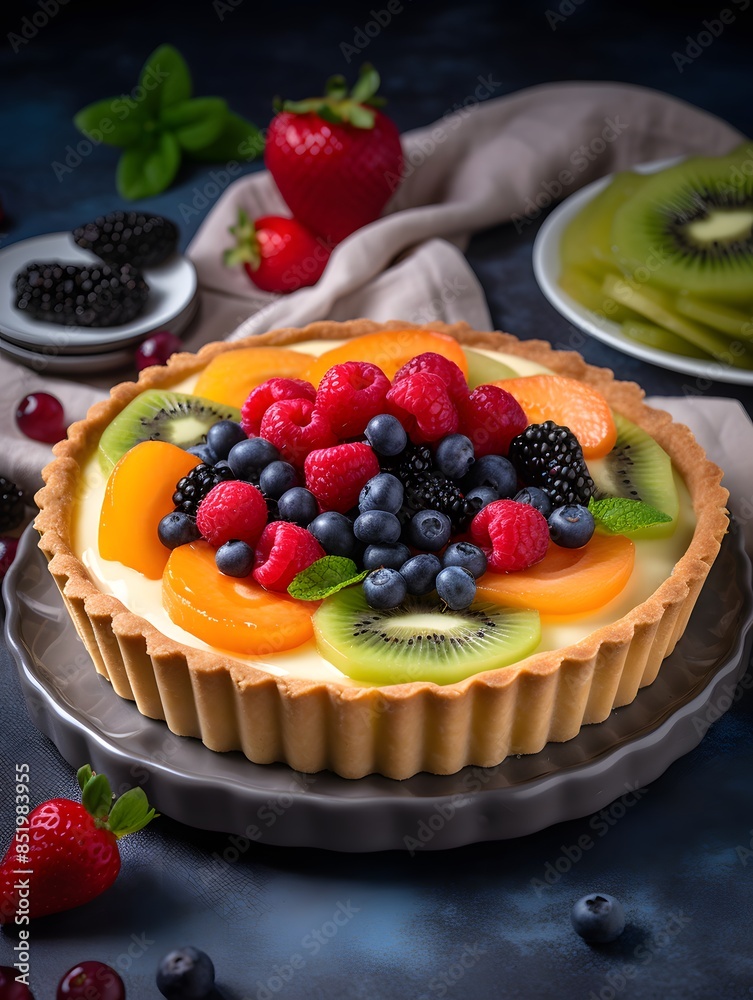 Vibrant Mixed Fruit Tart with Kiwi, Berries, and Peach Glaze.