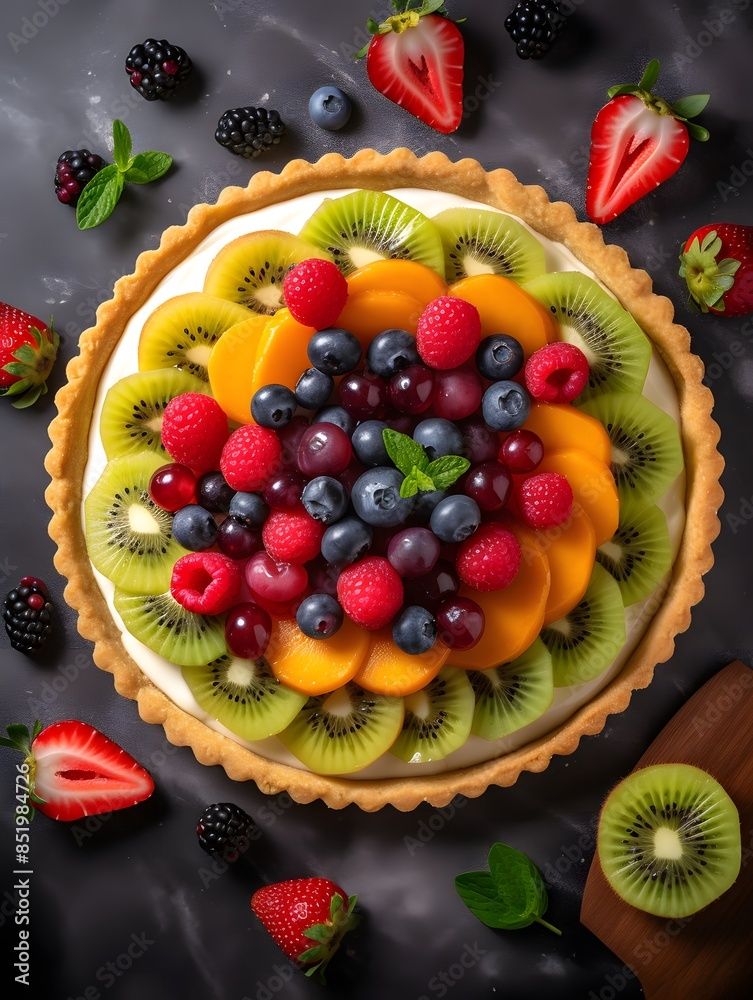 Vibrant Mixed Fruit Tart with Kiwi, Berries, and Peach Glaze.