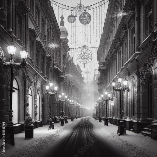 A serene, snowy city street adorned with festive Christmas decorations and illuminated by street lamps. The peaceful scene captures the charm of a winter evening, with snow-covered buildings and