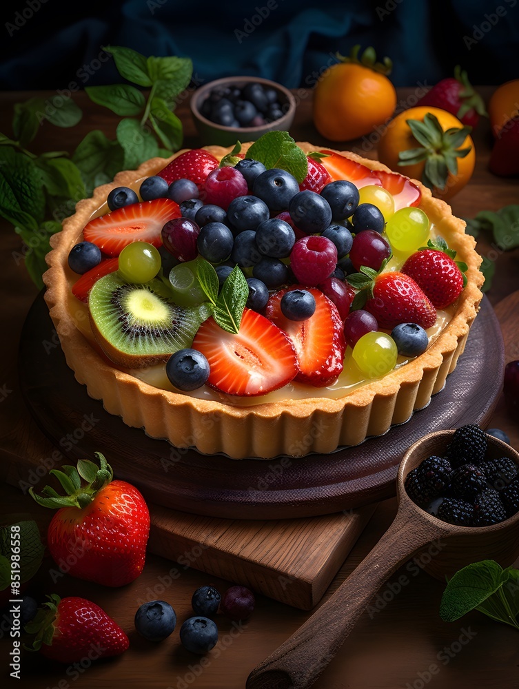 Vibrant Mixed Fruit Tart with Kiwi, Berries, and Peach Glaze. Vibrant Mixed Fruit Tart with Kiwi, Berries, and Peach Glaze.