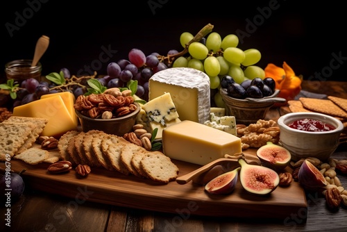 Elegant cheese platter with assorted fruits, nuts, and crackers.