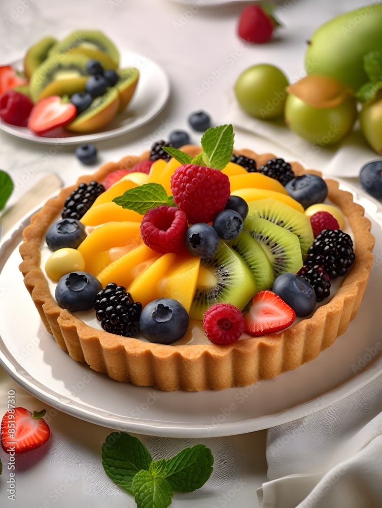 Vibrant Mixed Fruit Tart with Kiwi, Berries, and Peach Glaze. Vibrant Mixed Fruit Tart with Kiwi, Berries, and Peach Glaze.