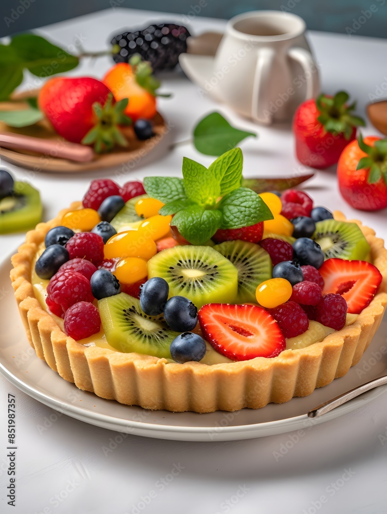 Vibrant Mixed Fruit Tart with Kiwi, Berries, and Peach Glaze. Vibrant Mixed Fruit Tart with Kiwi, Berries, and Peach Glaze.