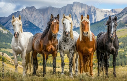 Horses in Mountain Landscape. Generative ai. photo