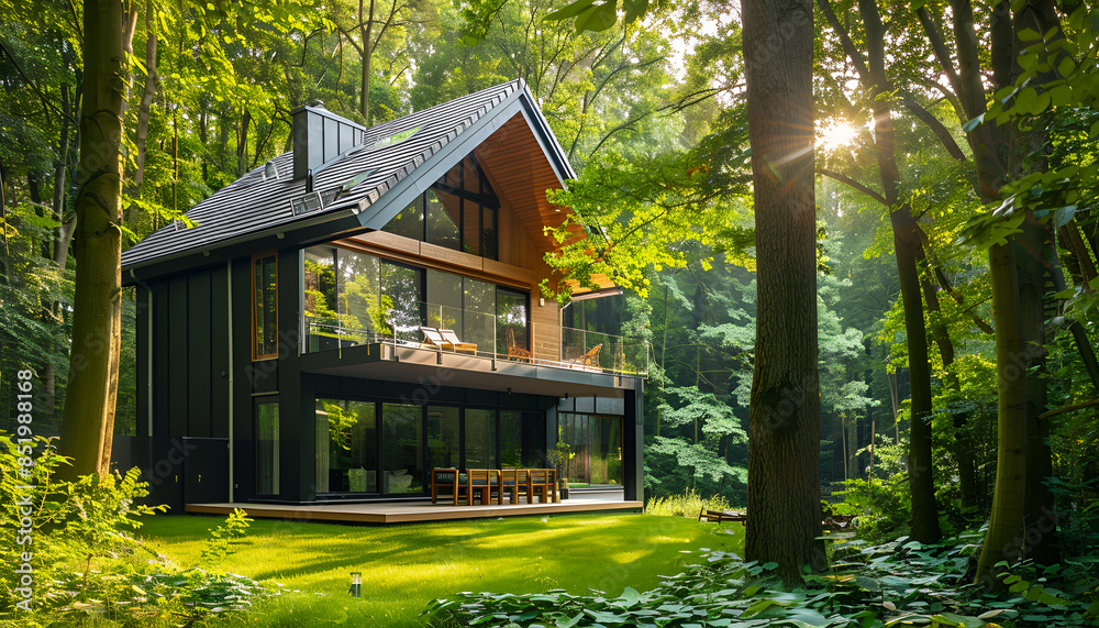 House in forest with greenery around, modern energy efficiency construction House in forest with greenery around, modern energy efficiency construction