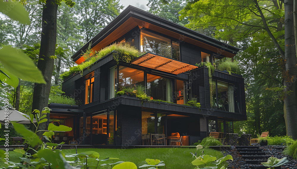 House in forest with greenery around, modern energy efficiency construction