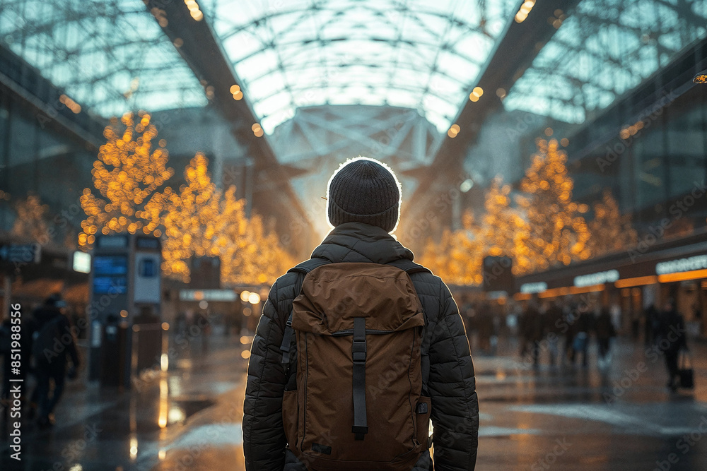 Obraz premium A man wearing a brown backpack is standing in a busy city street