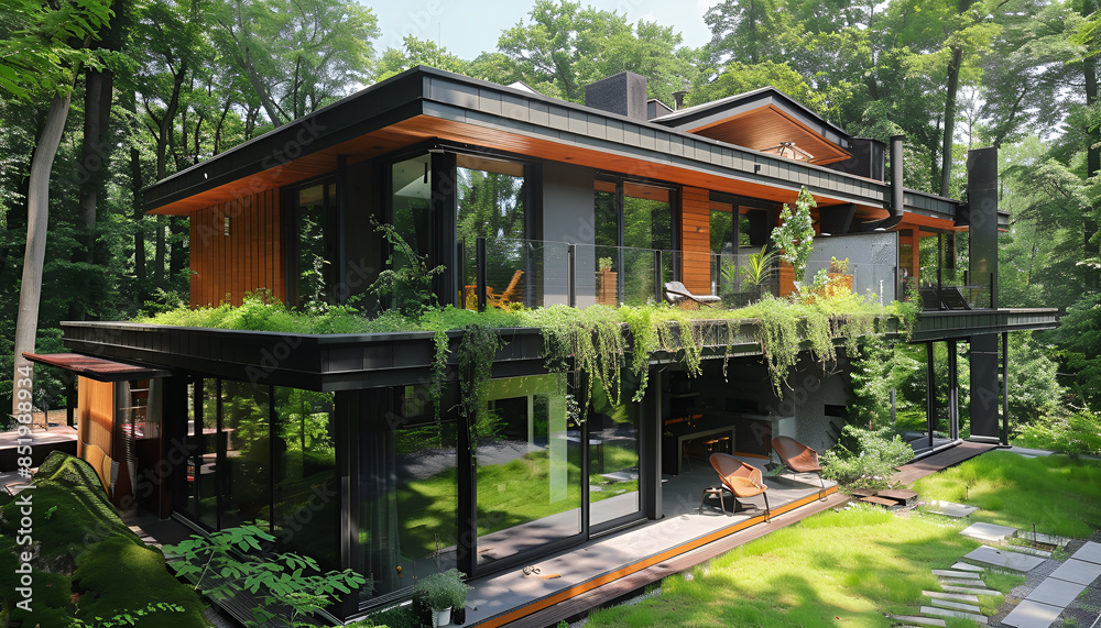 House in forest with greenery around, modern energy efficiency construction House in forest with greenery around, modern energy efficiency construction