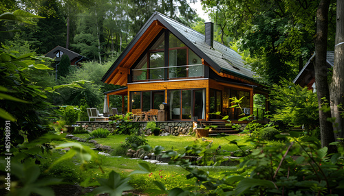 House in forest with greenery around, modern energy efficiency construction
