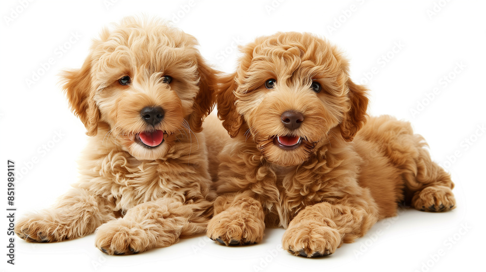 Two adorable golden doodle puppies peacefully lying on a white background, small, young, and playful, with sweet eyes and fluffy brown fur, radiating love and joy Two adorable golden doodle puppies peacefully lying on a white background, small, young, and playful, with sweet eyes and fluffy brown fur, radiating love and joy