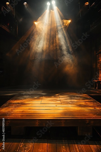 Empty Stage, A simple wooden stage with minimal lighting, ready for a performance