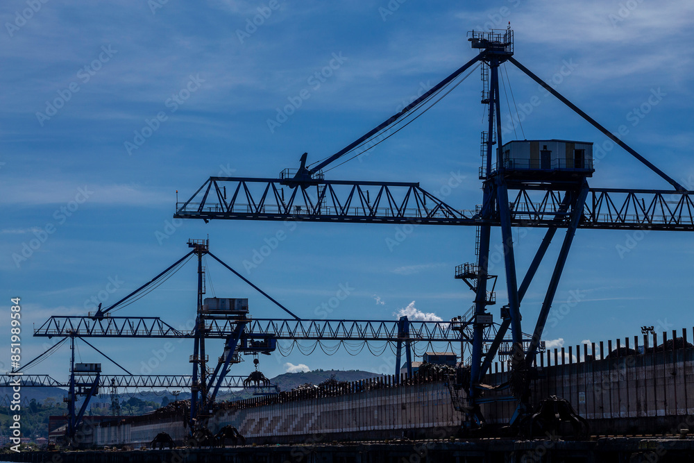 Silhouette of cranes along the River Nervion on Portugale, Bilbao, Basque Country, Spain