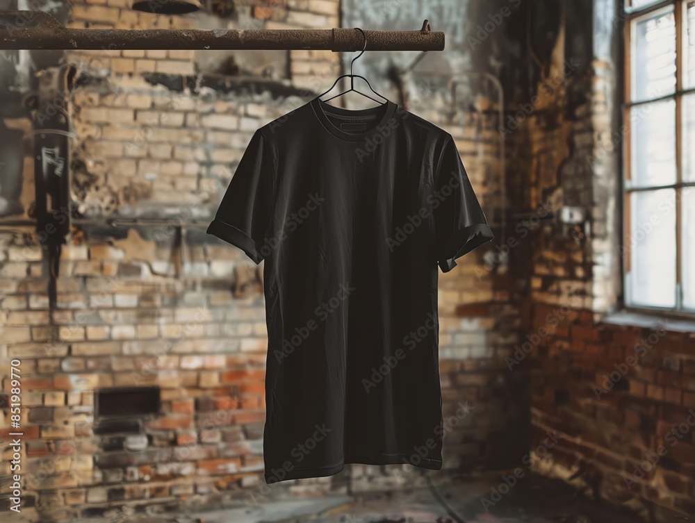 Naklejka premium High resolution mockup of a plain black t shirt hanging from an industrial metal hook in a loft, with space for text and logo overlay, perfect for fashion design showcases